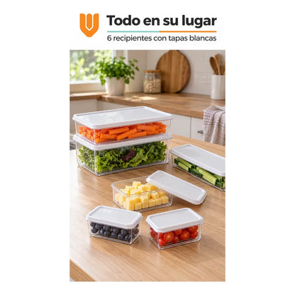 Set 6 Taper Organizadores Hermetico Tapa Conserveros Tupper Transparente Organizadores Alimentos Refrigerador Cocina Despensa Acrílico Transparente Tapas Blancas Rectangulares