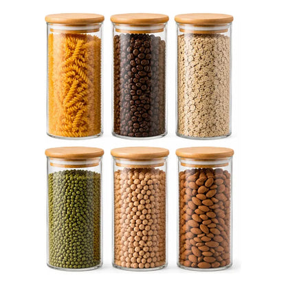 Frasco Vidrio Hermetico Bambu Conservero Hogar Cocina 300 Ml 6 Unidades Transparente Natural Bambú Cristal Claro Minimalista Cocina Gourmet Organizacion Moderna Elegante Premium