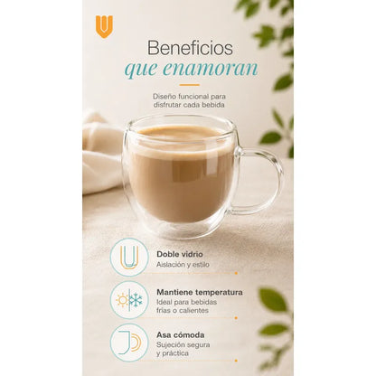 Taza Café Té Bebidas Calientes Espresso Frio Doble Pared Redondeado Doble Pared Cuerpo Curvo Asa Ergonómica Boca Circular Base Estable Estilo Moderno Individual Hogar Uso Transparente Cristal...