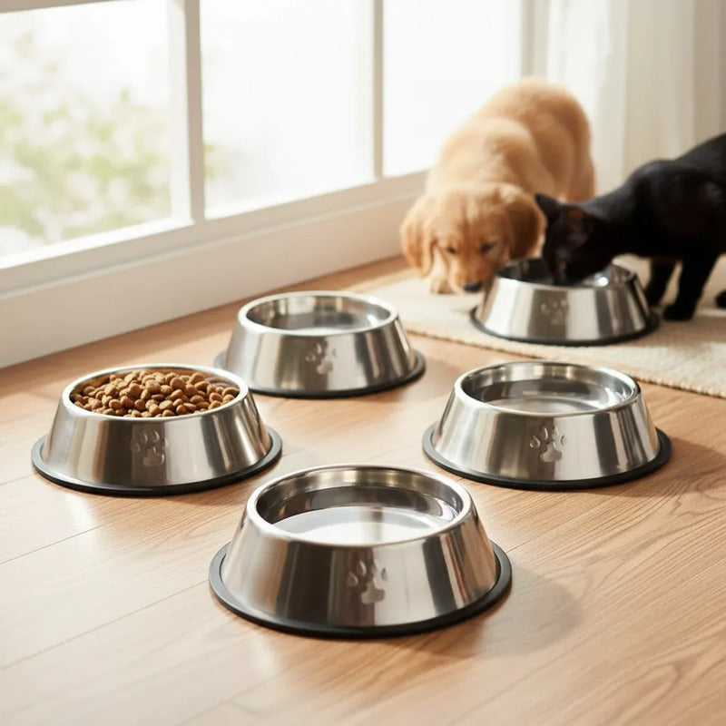 X4 Comedero Perros Platos Gatos Mascotas 26cm Comida  Agua Plateado