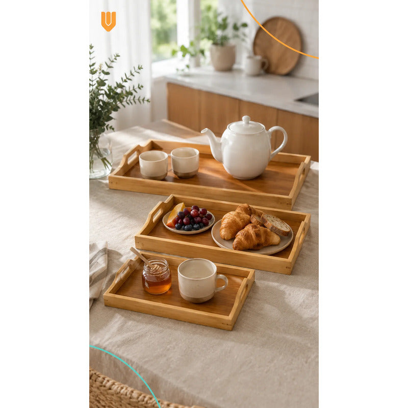 Set 3 Bandejas Asas Bambú Desayuno Servir Rectangulares Set 3 Bandejas Asas Rectangulares Asas Laterales Bordes Diseño Calado Apilables Servicio Hogar Cocina Set 3 Bandejas Asas Bambú