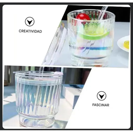 X2 Vaso De Vidrio Con Bombilla Hermetico Vaso Tornasol Taza Tornasol