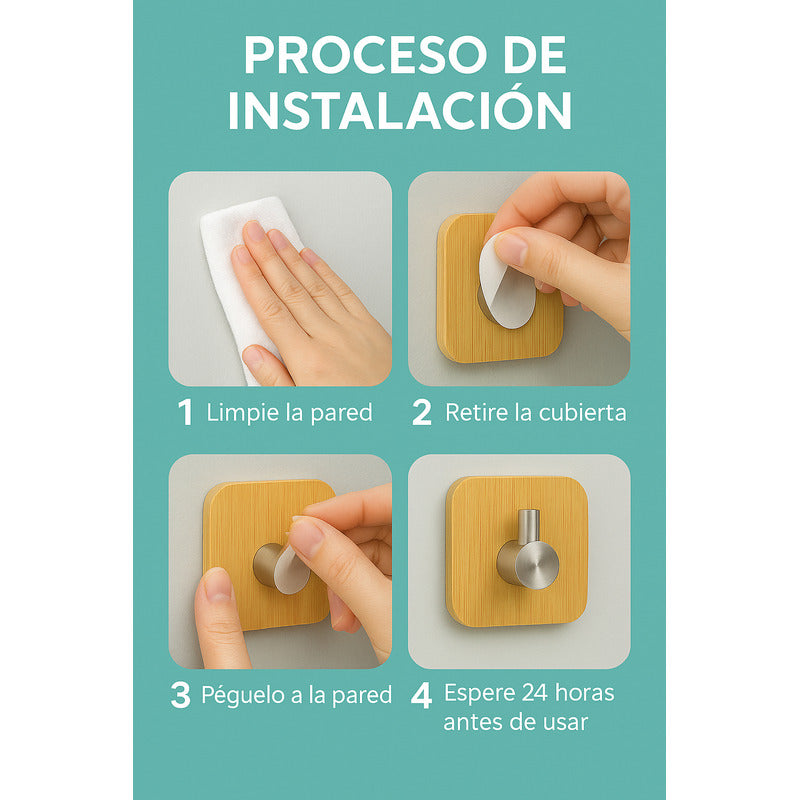 Colgador Perchero Pared Adhesivo 5cm Bambu Acero Inoxidable Bambú