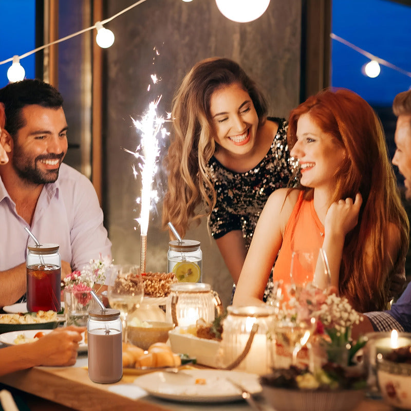 X4 Vaso Lata De Vidrio Con Bombilla Tapa De Bambu 480ml