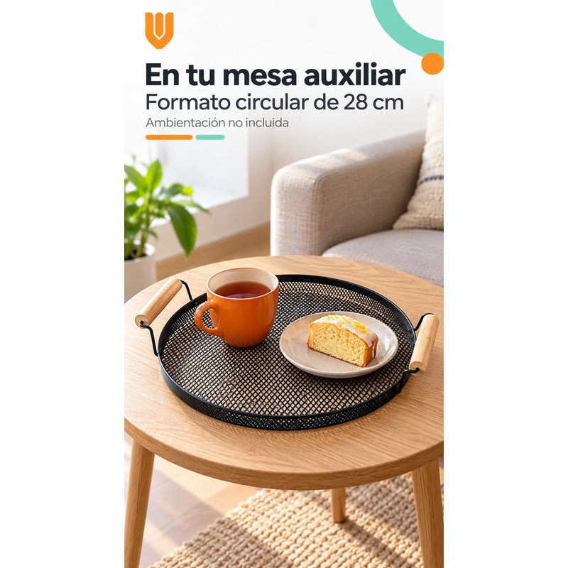 Bandeja Circular Metal Negro Asas Madera Desayuno 28cm Negro Bandeja Circular Redonda Malla Metal Asas Madera Base Calada Borde Bajo Servicio Desayuno Once Café Té Cocina 28cm