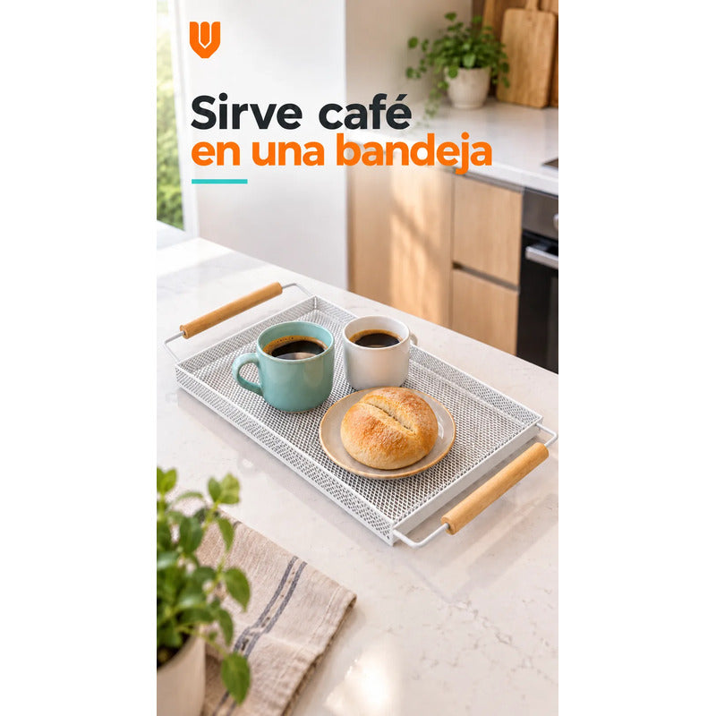 Bandeja Rectangular Metal Blanca Asas Madera Desayuno 44cm Blanco Bandeja Rectangular Malla Metal Asas Madera Base Calada Borde Elevado Servicio Desayuno Once Café Cocina Comedor 44cm-color Blanco