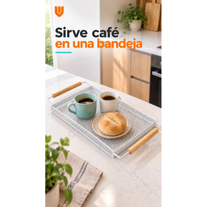 Bandeja Rectangular Metal Blanca Asas Madera Desayuno 44cm Blanco Bandeja Rectangular Malla Metal Asas Madera Base Calada Borde Elevado Servicio Desayuno Once Café Cocina Comedor 44cm-color Blanco