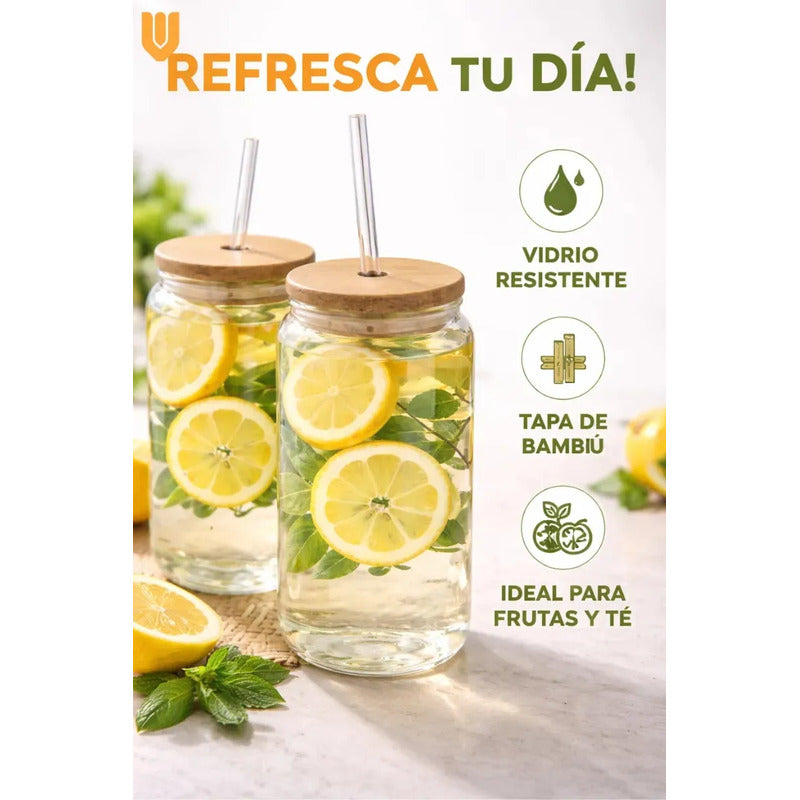 Set 2 Vasos Vidrio 630ml Bombilla Vidrio Tapa Bambu 17cm Alto 7cm Diametro Reutilizable Apto Lavavajillas Cristalino Transparente Bebidas Frias Jugo Te Cafe Hogar Cocina Mesa Vintage