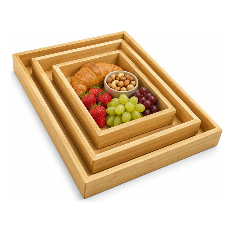 3 Bandejas Bambu Desayuno Rectangulares Multiuso Cocina Marron Bambú Natural Madera Clara Elegante Nordico Artesanal Gourmet Calido Minimalista Cocina Premium