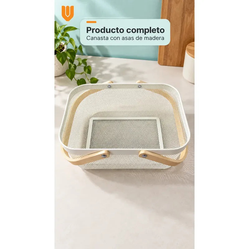Canasta Organizadora Metal Blanco Asas Madera 40x24x19 Cm Blanco Canasta Organizadora Canasto Cesta Metal Asas Madera Malla Romboidal Orden Textiles Frutas Cocina Baño Clóset