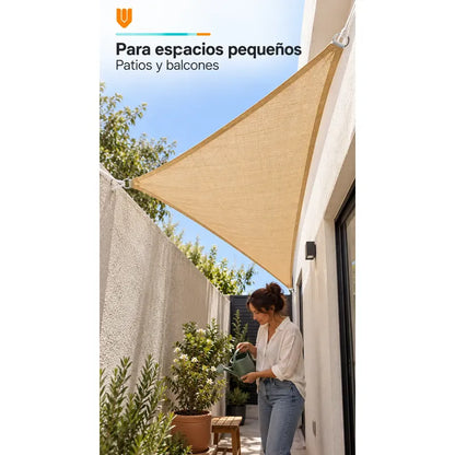 Toldo Vela Sombra Lona Cubierta Terraza Jardín 1.90x3 Metros Beige Arena Claro Dorado Suave Tonalidad Cálida Bordes Costuras Al Tono Cintas Cuerdas Blancas Argollas Plateadas 1.90 Largo X 3.03 Metros