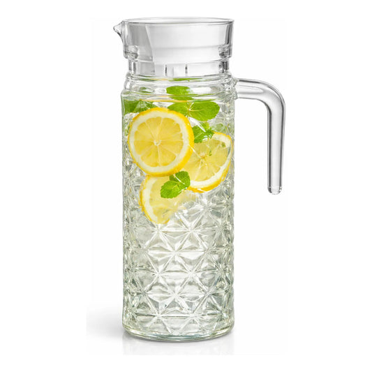 Jarra Vidrio Vintage Tapa Asa Vidrio Resistente Agua Jugo Transparente Diamante Batidos Bebidas Frías Cocina Mesa Hogar Servicio Diario Diseño Clásico Uso Familiar Capacidad Ampl