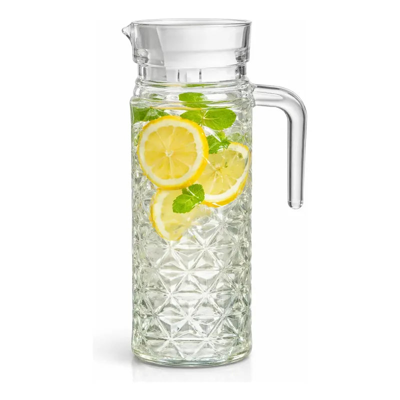 Jarra Vidrio Vintage Tapa Asa Vidrio Resistente Agua Jugo Transparente Diamante Batidos Bebidas Frías Cocina Mesa Hogar Servicio Diario Diseño Clásico Uso Familiar Capacidad Ampl