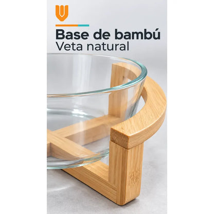 Bowl Vidrio Ensaladera Redonda Base Madera Bambu 18cm Transparente Base Bambu Bowl Redondo Vidrio Transparente Base Bambú Natural Soporte Cruzado Ensaladera Mesa Cocina 18cm