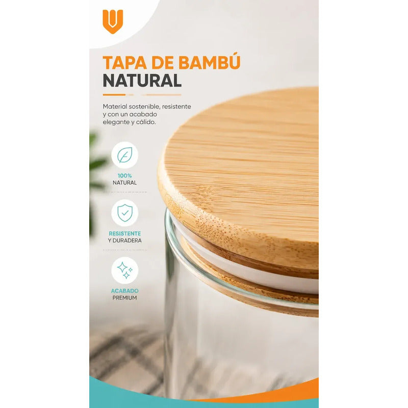 Frasco Vidrio Cocina Hermetico Cilindrico Tapa Bambu 250 Ml 250ml Frasco Vidrio Hermético Tapa Bambú Cilíndrico Cristal Transparente Organizador Cocina Alimentos Gourmet Premium 250 Ml