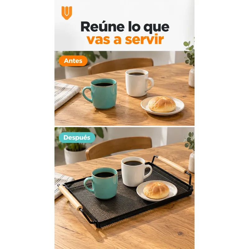 Bandeja Rectangular Metal Negro Asas Madera Desayuno 44cm Negro Bandeja Rectangular Malla Metal Asas Madera Base Calada Borde Elevado Servicio Desayuno Once Café Cocina Comedor 44cm-color Negro