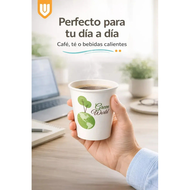 100 Vasos Cafeteria Bebidas Calientes Invierno Te Cafe 235ml Blanco Verde Natural Eco Biodegradable Compostable Sostenible Resistente Calor Antifugas Uso Cafeteria Bebidas Calientes Frias