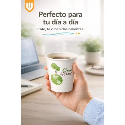 100 Vasos Cafeteria Bebidas Calientes Invierno Te Cafe 235ml Blanco Verde Natural Eco Biodegradable Compostable Sostenible Resistente Calor Antifugas Uso Cafeteria Bebidas Calientes Frias