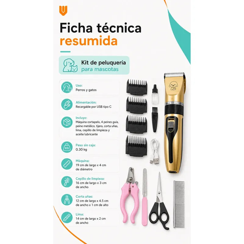 Maquina Cortar Pelo Perros Gatos Mascotas Peluqueria Kit Dorado Pequeño