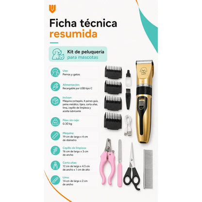 Maquina Cortar Pelo Perros Gatos Mascotas Peluqueria Kit Dorado Pequeño