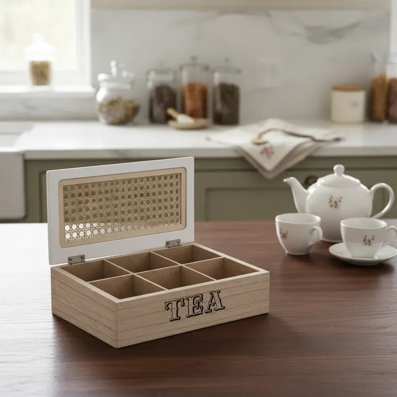 Vitrineon Organizador Te Madera Bambu Cocina Decoracion Chic Tono Madera Oscura Natural Acabado Elegante Estilo Nordico Moderno Decorativo Vetas Visibles Premium Cocina Hogar Estetica Calida