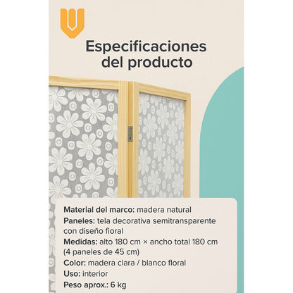 Biombo Separador Ambientes Ratan Moderno 4 Puertas 180 Cm