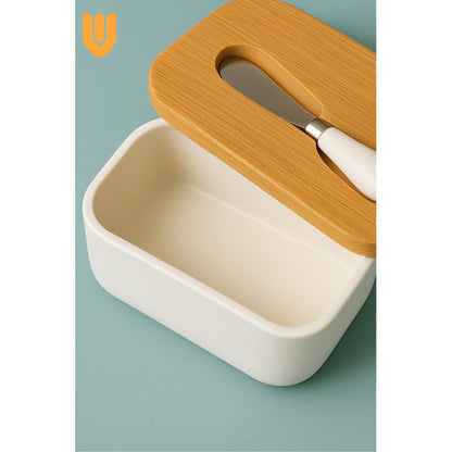 Mantequillero Ceramica Tapa Bambu Cuchillo Mantequilla Bambu