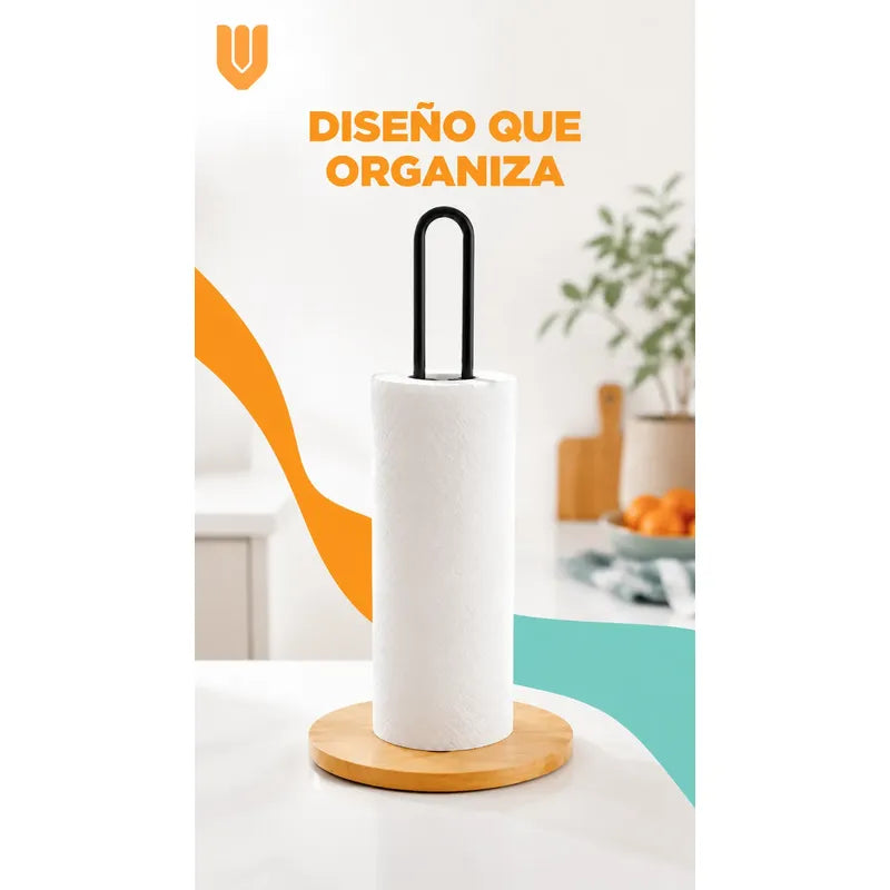 Soporte Toalla Nova Porta Rollo Toallas Papel Vertical Porta Toalla Nova Portarrollos Cocina Papel Absorbente Madera Metal Negro Vertical Sobremesa Base Circular
