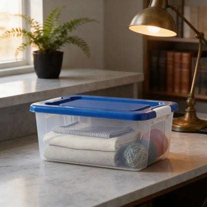 Caja Almacenamiento Hogar Closet Orden Espacio Practico Transparente Tapa Azul Plastico Visible Moderno Limpio Organizacion Hogar Visualizacion Facil Contenido Orden Organizador Apilable...