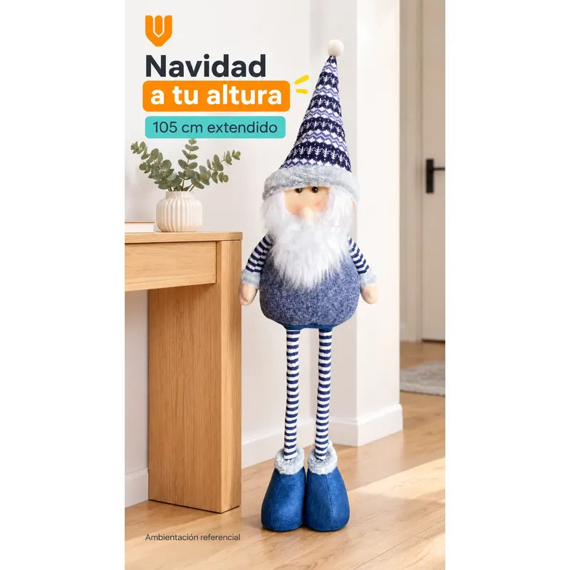 Muñeco Pascuero Navideño 105cm Retraible Decorativo Figura Blanco Pascuero Azul Muñeco Navideño Retráctil Patas Rayadas Altura Ajustable Gorro Nórdico Barba Blanca Decoración 105cm Pascuero Retraible