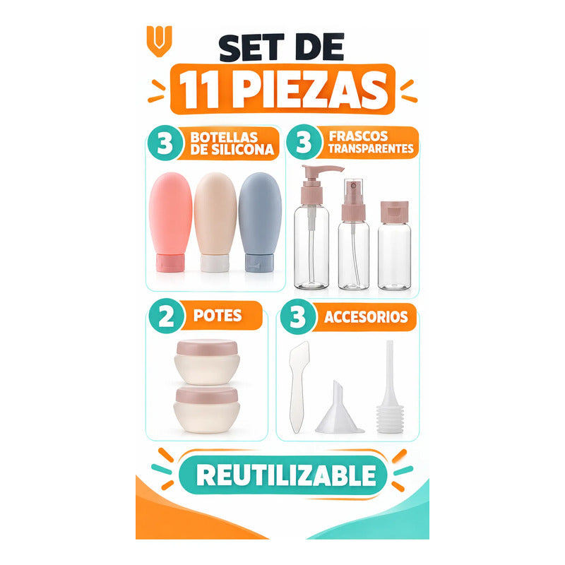 Set 11 Botella Viaje Portátil Contenedores Accesorio Shampoo Multicolor