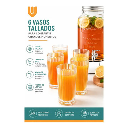Dispensador Frasco Jugo Agua 5l + Set 6 Vasos Vidrio Tallado Transparentes