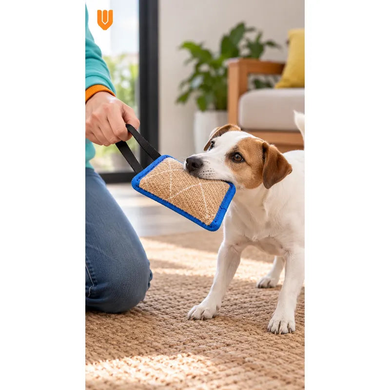 Mordedor Yute Perro Asa Juego Interactivo Adiestramiento Beige Natural Mordedor Canino Yute Asa Negra Cuerpo Compacto Rectangular Juego Interactivo Trama Visible