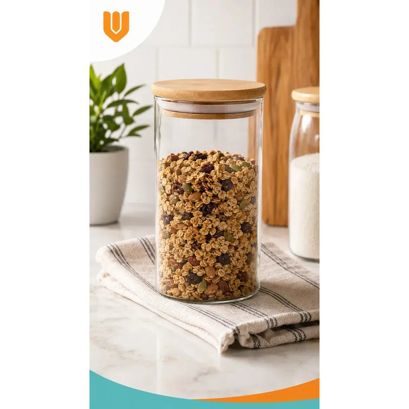 Frasco Vidrio Cocina Hermetico Cilindrico Tapa Bambu 250 Ml 250ml Frasco Vidrio Hermético Tapa Bambú Cilíndrico Cristal Transparente Organizador Cocina Alimentos Gourmet Premium 250 Ml