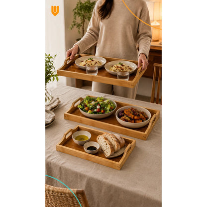 Set 3 Bandejas Asas Bambú Desayuno Servir Rectangulares Set 3 Bandejas Asas Rectangulares Asas Laterales Bordes Diseño Calado Apilables Servicio Hogar Cocina Set 3 Bandejas Asas Bambú
