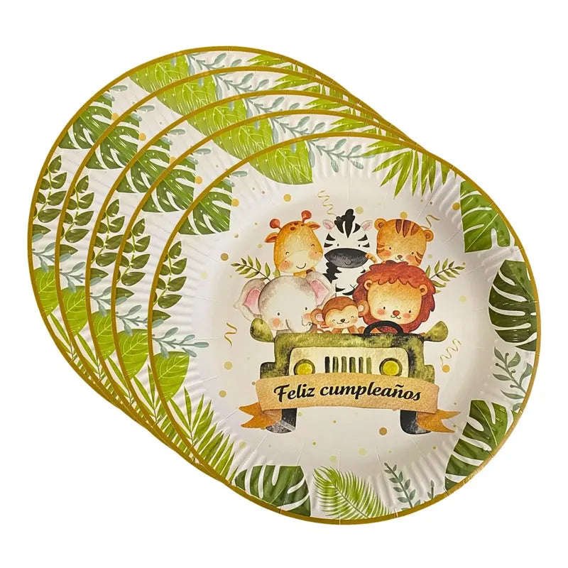 10 Plato De Carton Safari Cumpleaños Safari Animales 23 Cm Multicolor Jungla Safari