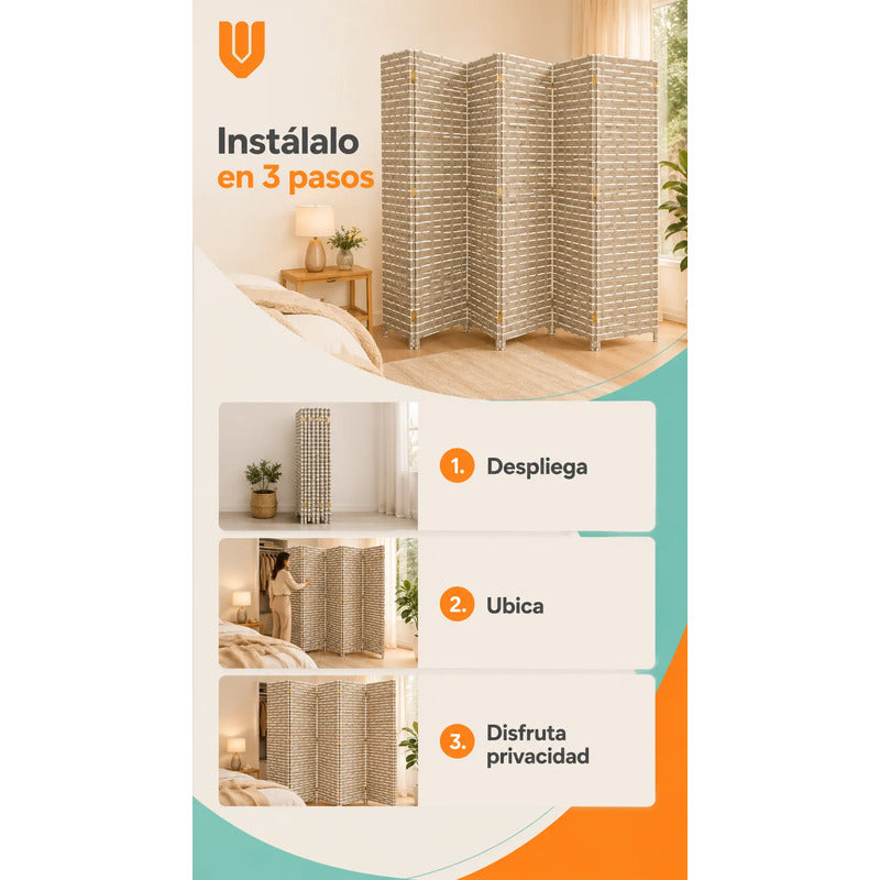 Biombo Separador Plegable Living Dormitorio Oficina 180 Cm Tejido Geométrico Trenzado Natural Líneas Horizontales Paneles Plegables Decoración Moderna Interior Elegante Premium Beige Arena Gris...