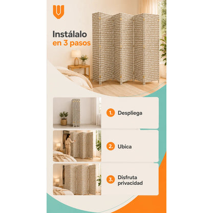 Biombo Separador Plegable Living Dormitorio Oficina 180 Cm Tejido Geométrico Trenzado Natural Líneas Horizontales Paneles Plegables Decoración Moderna Interior Elegante Premium Beige Arena Gris...