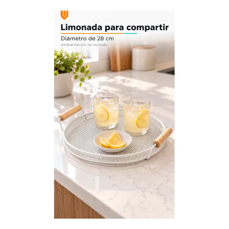Bandeja Circular Metal Blanco Asas Madera Desayuno 28cm Blanco Bandeja Circular Redonda Malla Metal Asas Madera Base Calada Borde Bajo Servicio Desayuno Once Café Té Cocina 28cm
