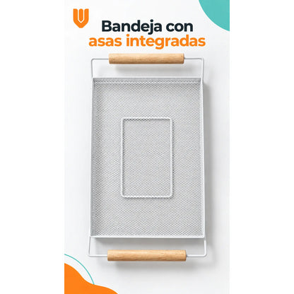 Bandeja Rectangular Metal Blanca Asas Madera Desayuno 44cm Blanco Bandeja Rectangular Malla Metal Asas Madera Base Calada Borde Elevado Servicio Desayuno Once Café Cocina Comedor 44cm-color Blanco