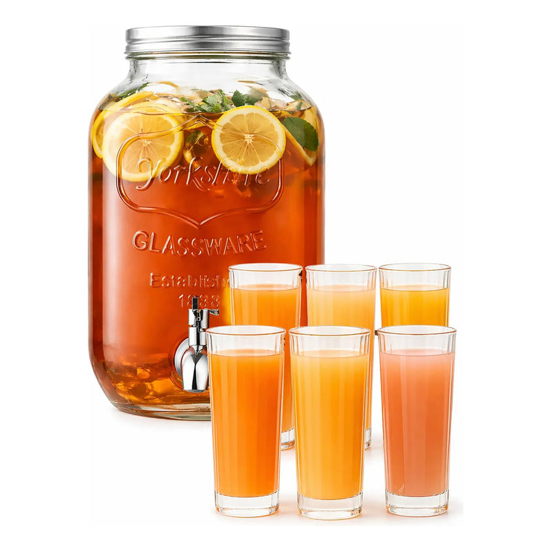 Dispensador Frasco Jugo Agua 5l + Set 6 Vasos Vidrio Tallado Transparentes