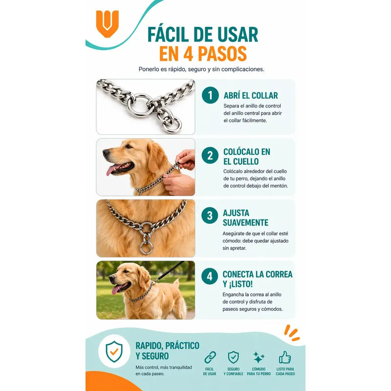 Collar Metalico Fuerte Argolla Seguridad Paseo Firme Mascota Plateado 50cm