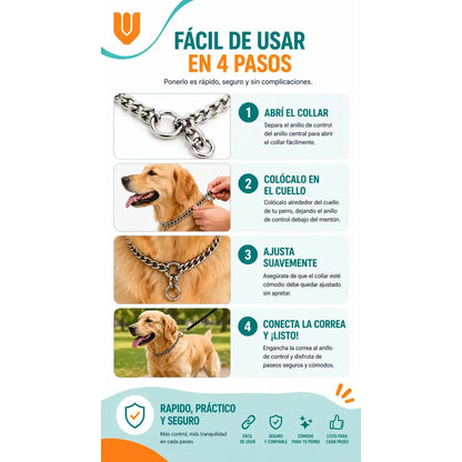 Collar Metalico Fuerte Argolla Seguridad Paseo Firme Mascota Plateado 50cm