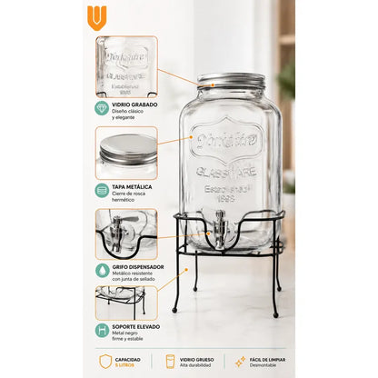 Dispensador Bebida Canilla Mesa Buffet Bar Jugo Fiesta 5lts Transparente Vidrio Cristal Claro Base Acero Cromado Grifo Metálico Negro Plateado Bebidas Jugos Eventos Buffet Mesa Bar