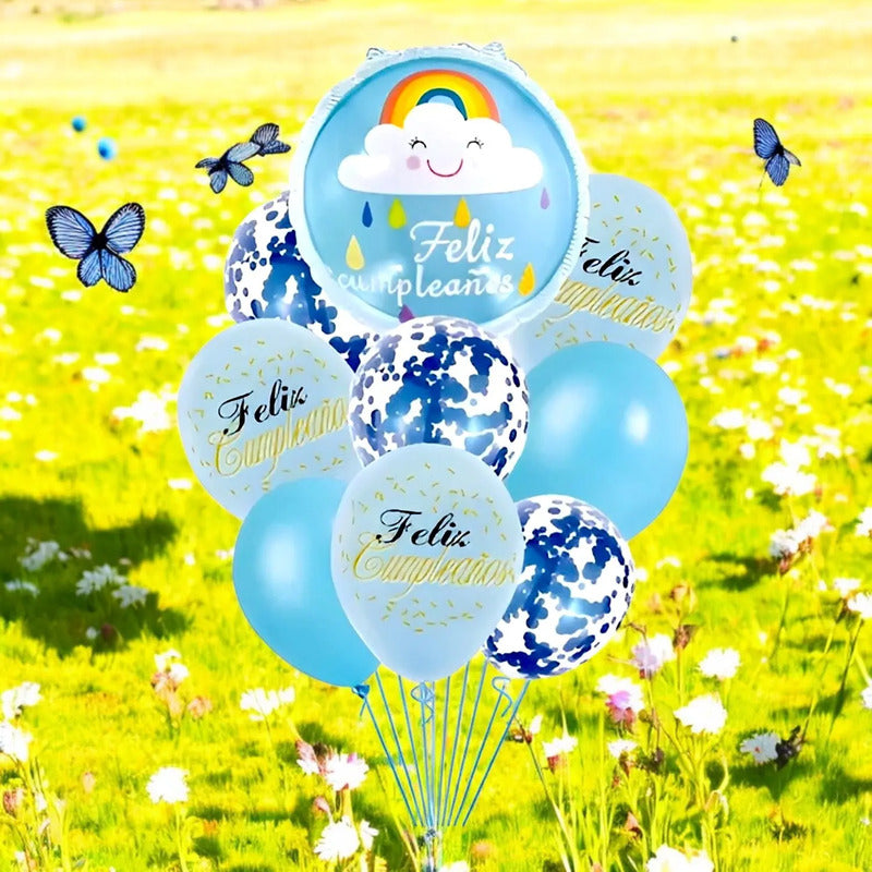 Set 9 Globos De Cumpleaños Decoracion De Cumpleaños Arcoiris Celeste