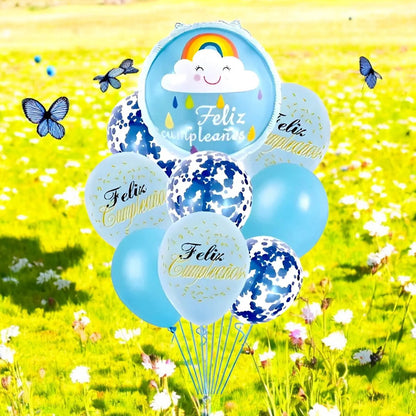 Set 9 Globos De Cumpleaños Decoracion De Cumpleaños Arcoiris Celeste