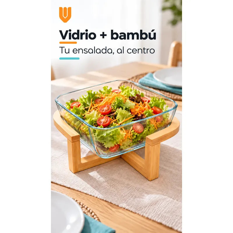 Bowl Vidrio Ensaladera Cuadrada Base Madera Bambu 20cm Transparente Base Bambu Bowl Cuadrado Vidrio Transparente Base Bambú Natural Soporte Cruzado Ensaladera Mesa Cocina 20cm