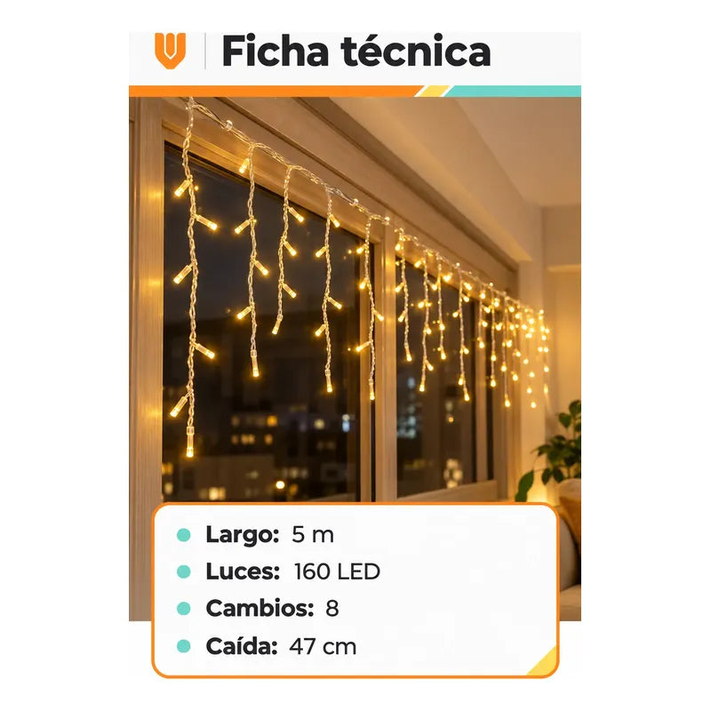 Luces Navideñas 5m 160 Luces Guirnaldas Cálidas Decoración Amarilla Guirnalda Led Cascada Navidad Decoración Cálida 5 Metros... Amarilla Guirnalda Led Cascada Navidad Decoración Cálida 5 Metros...