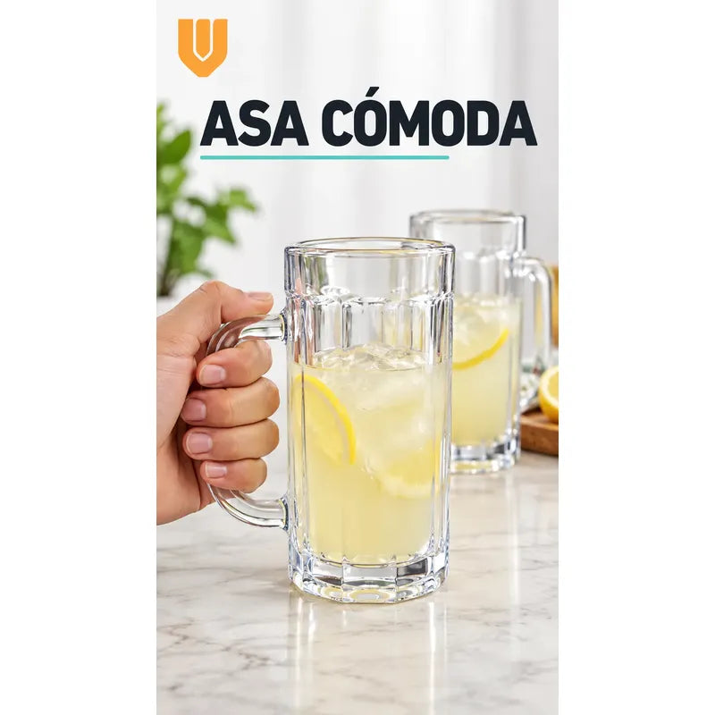 Pack 2 Vasos Vidrio Cerveza Asa 400ml Transparente Shoperos Vasos Vidrio Con Asa 400ml Pack 2 Jarros Cerveceros Transparentes Cerveza Jugo Agua Té Café Frío Relieve Mesa Cocina 400ml