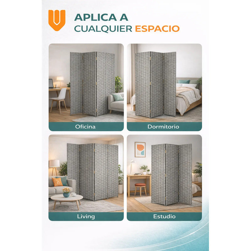 Biombo Divisor Oficina Ambientes Separador 4 Puertas 180 Cm Gris Claro Biombo Divisor Ambientes 4 Paneles 180 Cm Separador Oficina Hogar Plegable Geometrico Gris Claro Ratan Geometrico Ratan...